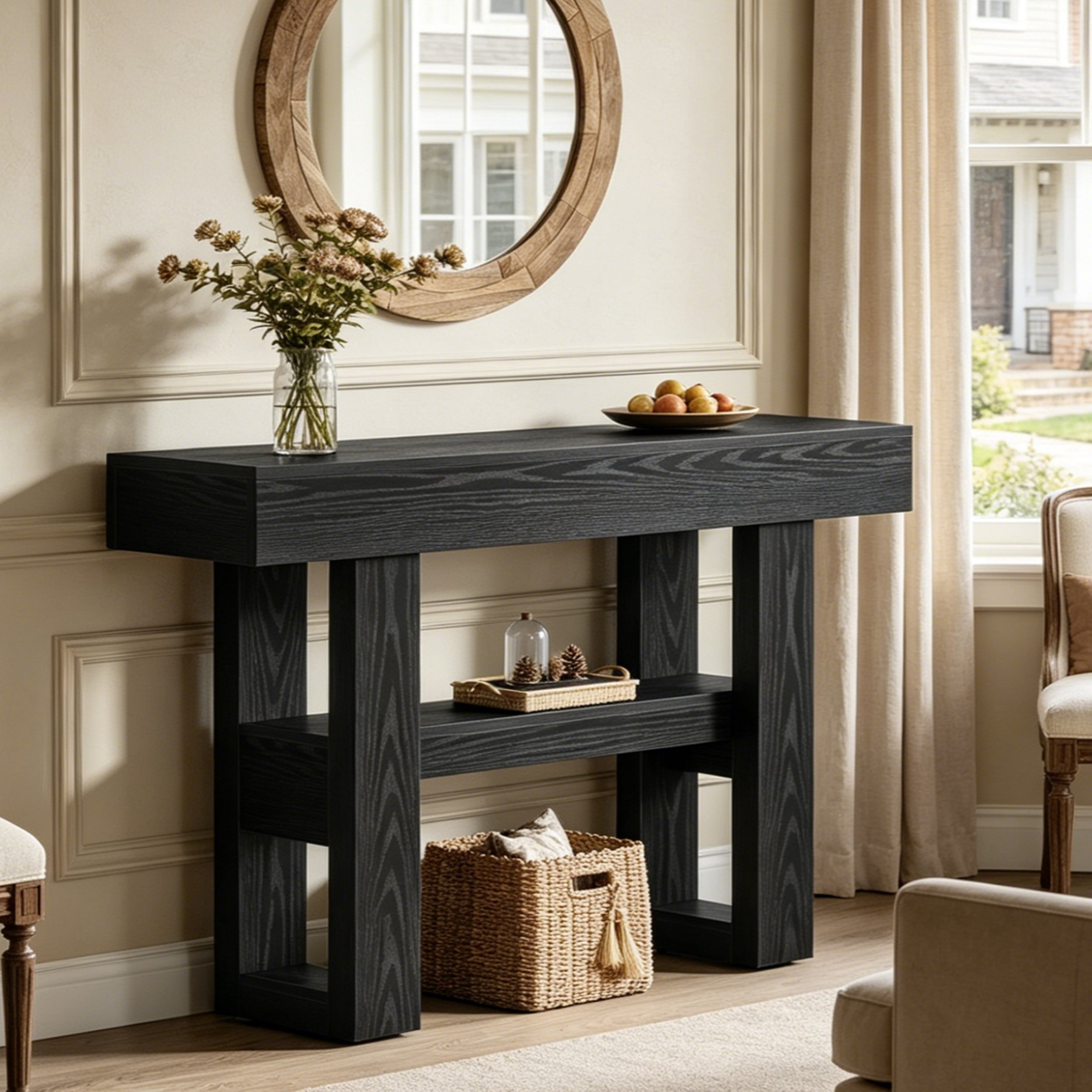 Fnova 41.34-Inch Farmhouse Console Table, Narrow 2-Tier Wood Entryway Table with Storage Shelf, Sofa Table for Living Room, Hallway, Behind Couch, Black,WM010346_B_US