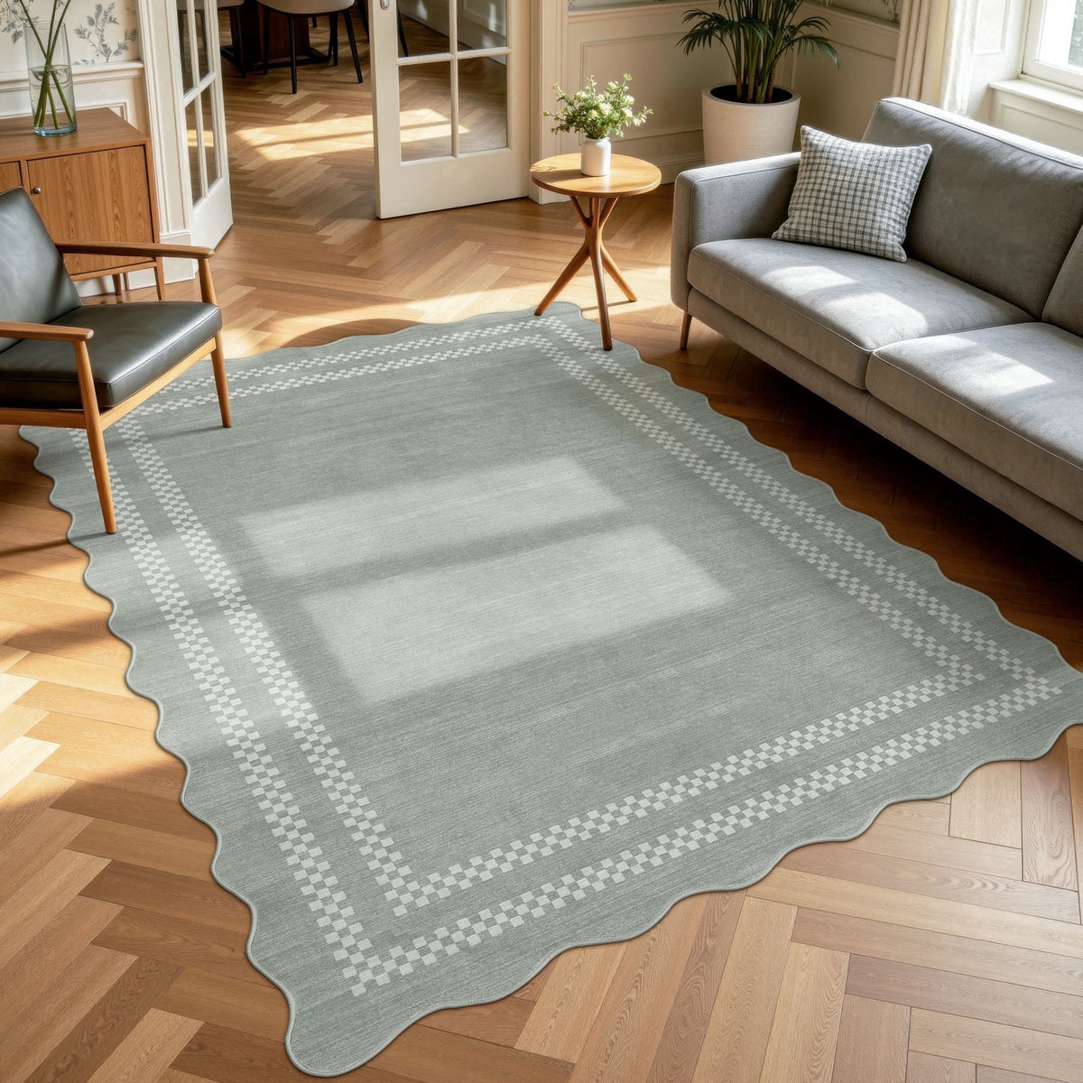 Fnova Scalloped Checker Border Area Rug, 5-Ftx7-Ft Machine Washable Non Slip Rug for Living Room Bedroom Kitchen, Low Pile Indoor Carpet,WM011608_GY_US