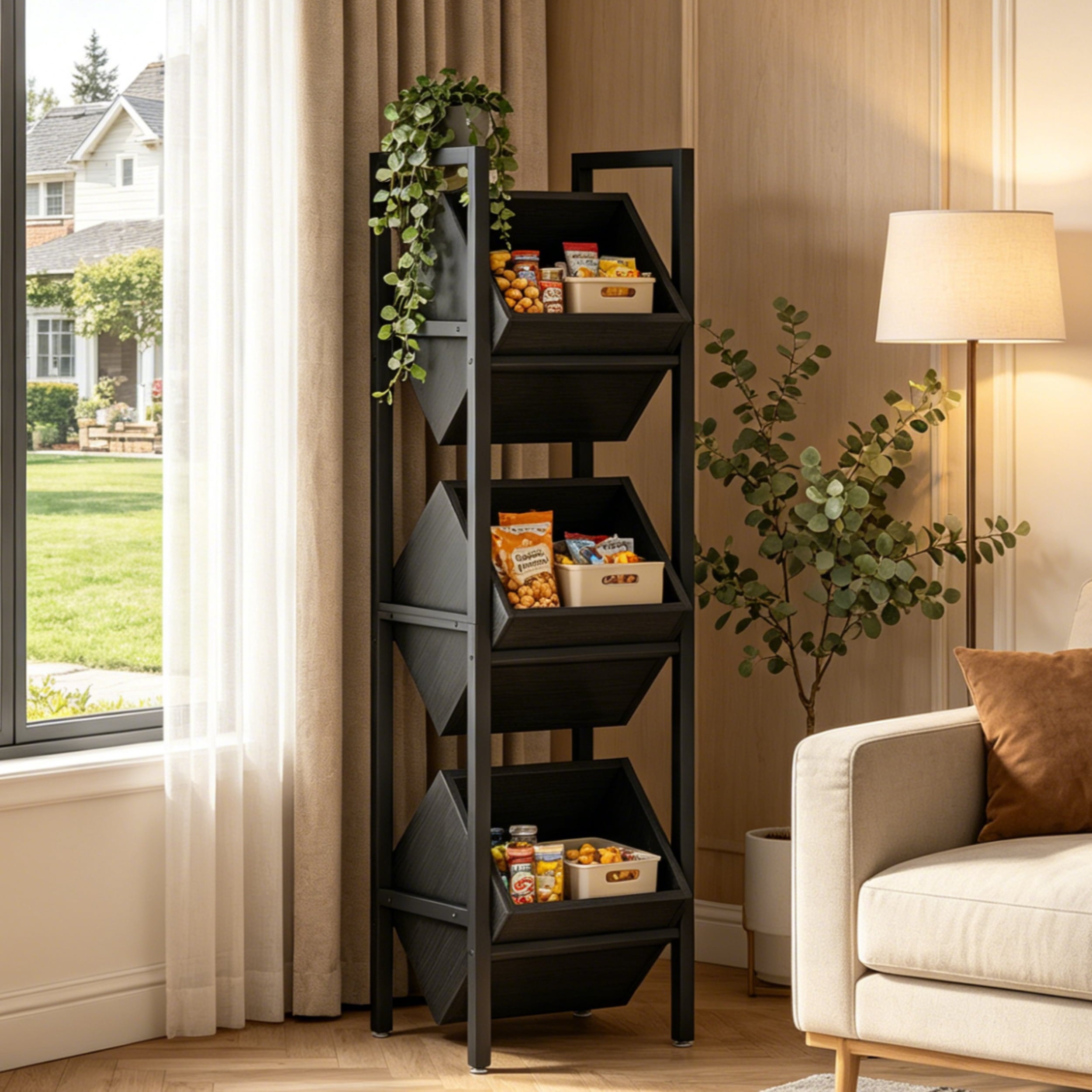 Fnova 51.1" 3 - Tier Industrial Storage Shelf with Wooden Baskets, Freestanding Organizer for Wine Bottles, Kitchen, Cellar,Black