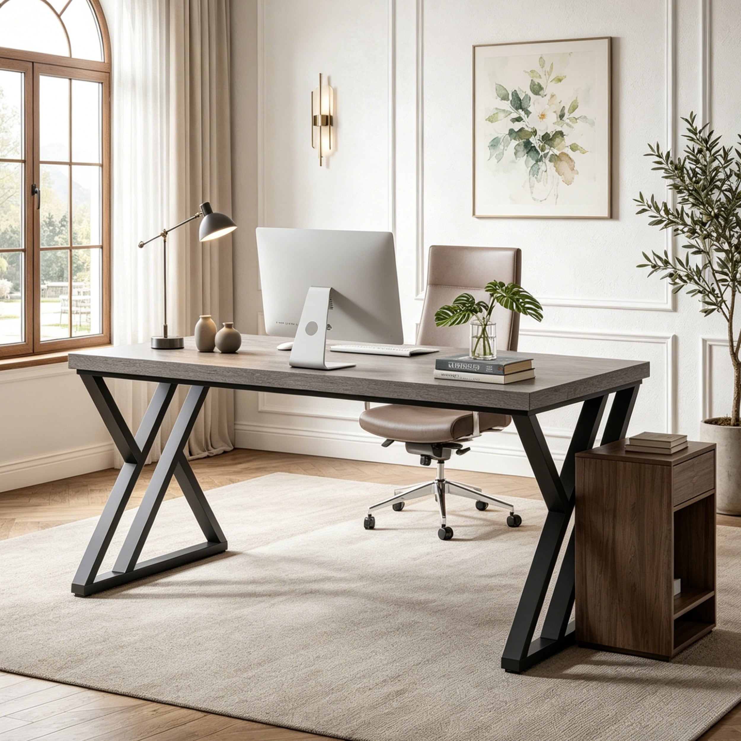 Fnova 55.12 Inch Home Office Computer Desk, Sturdy X-Shaped Metal Frame, Heavy Duty Study Workstation for Bedroom, Living Room, Study Room,Gray