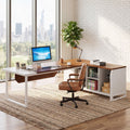 Fnova 70-Inch L-Shaped Executive Desk with Storage Cabinet, Large Corner Office Desk with Privacy Baffle, Modern Computer Desk for Home Office,WM010434_BNW_US