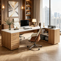 Fnova 85" L-Shaped Executive Desk with Storage Drawers, Modern Office Desk with Adjustable Shelves & File Cabinet, Extra Long Corner Computer Desk for Home Office,Off White Teak