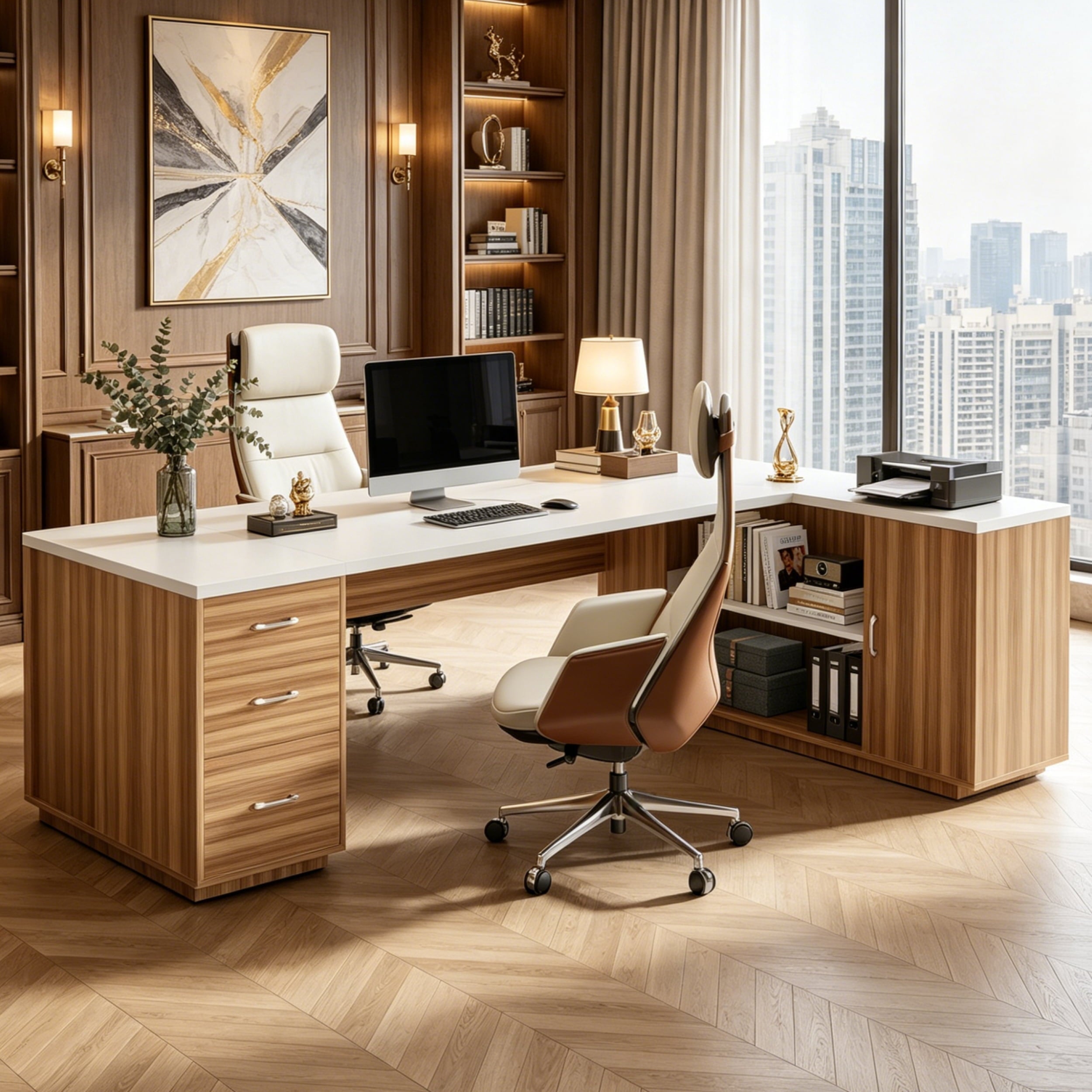 Fnova 85" L-Shaped Executive Desk with Storage Drawers, Modern Office Desk with Adjustable Shelves & File Cabinet, Extra Long Corner Computer Desk for Home Office,Off White Teak