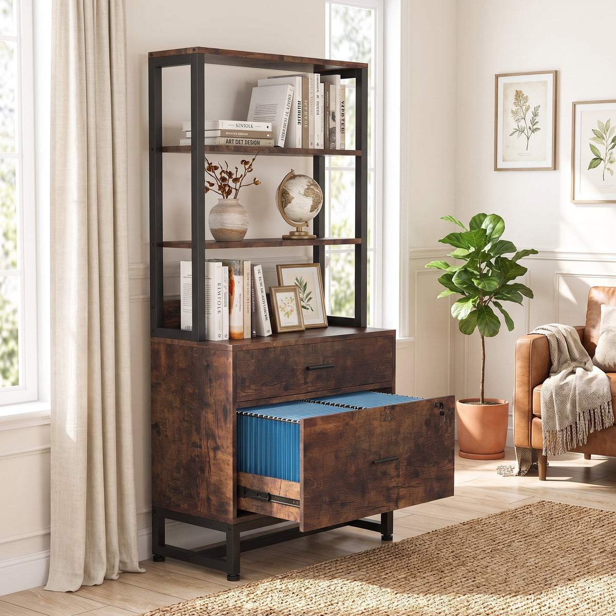 Fnova 2-Drawer Vertical File Cabinet with 3-Tier Open Shelves, 61-Inch Tall Locking Filing Cabinet Printer Stand for Home Office,WM010823_BNB_US