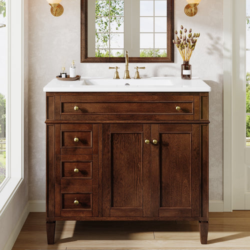 Fnova 36" Bathroom Vanity with Sink, Modern Bathroom Sink Cabinet with 4 Drawers & 2 Doors, Bath Storage Vanity Sink with Metal Handles, Solid Wood Frame, Reddish-Brown,36" Reddish-Brown