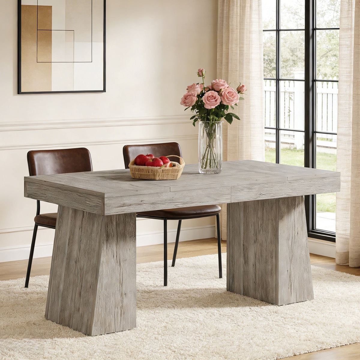 Fnova 55-Inch Modern Dining Table, Mid-Century Wood Rectangular Writing Desk, Computer desk with Double Trapezoid Base, Seats 4-6 - Perfect for Home Office, Dining Room, Kitchen & Living Room,WM010265_G_Tables