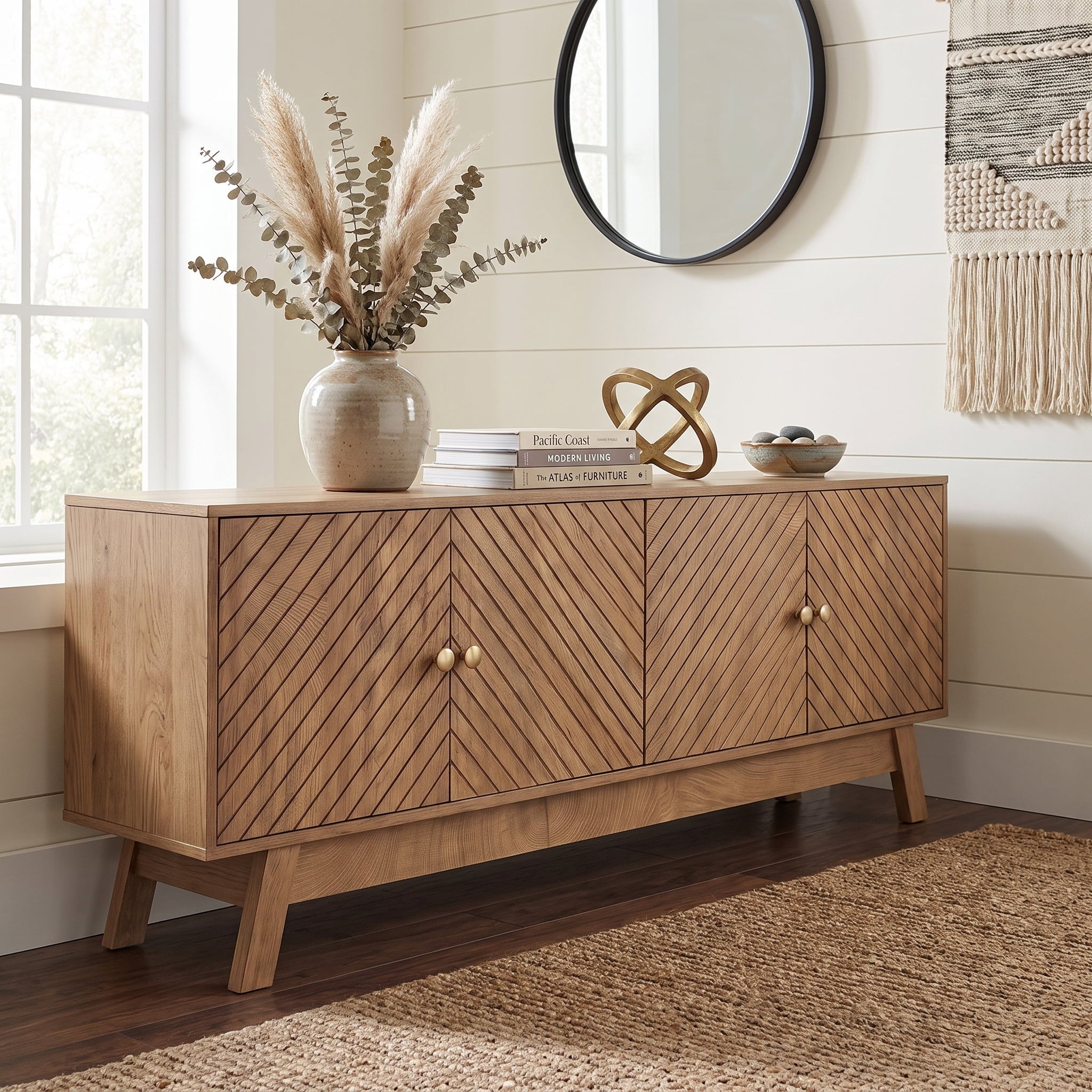Fnova 63-Inch TV Stand with 4 Doors, Adjustable Shelves, Mid-Century Modern Media Console for TVs Up to 60 Inch, Wood Storage Cabinet for Living Room,WM011341_BN_US