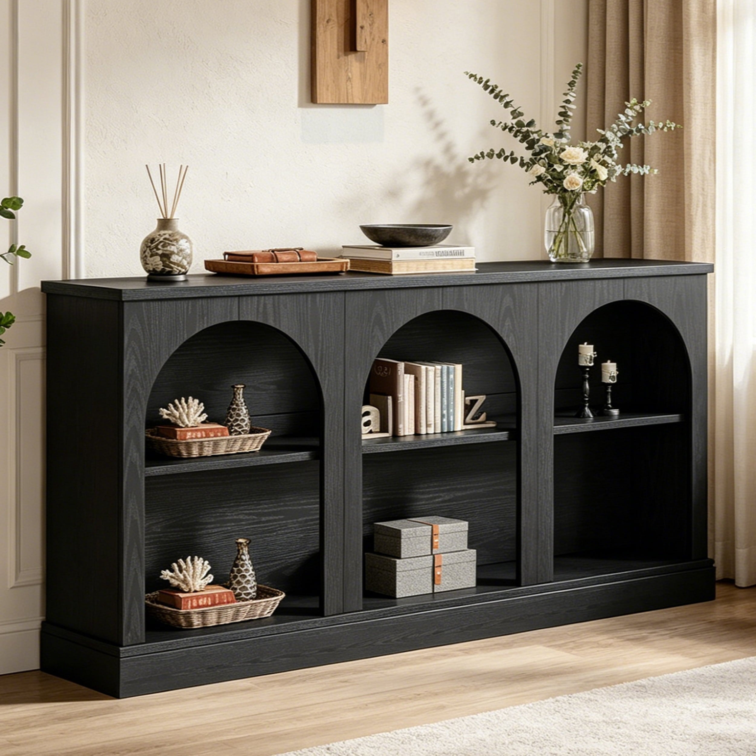Fnova 63" Farmhouse Console Table, Wooden Entryway Table with 3-Tier Storage, Rectangular Sofa Table for Entrance, Hallway, Living Room, Behind Couch,Black