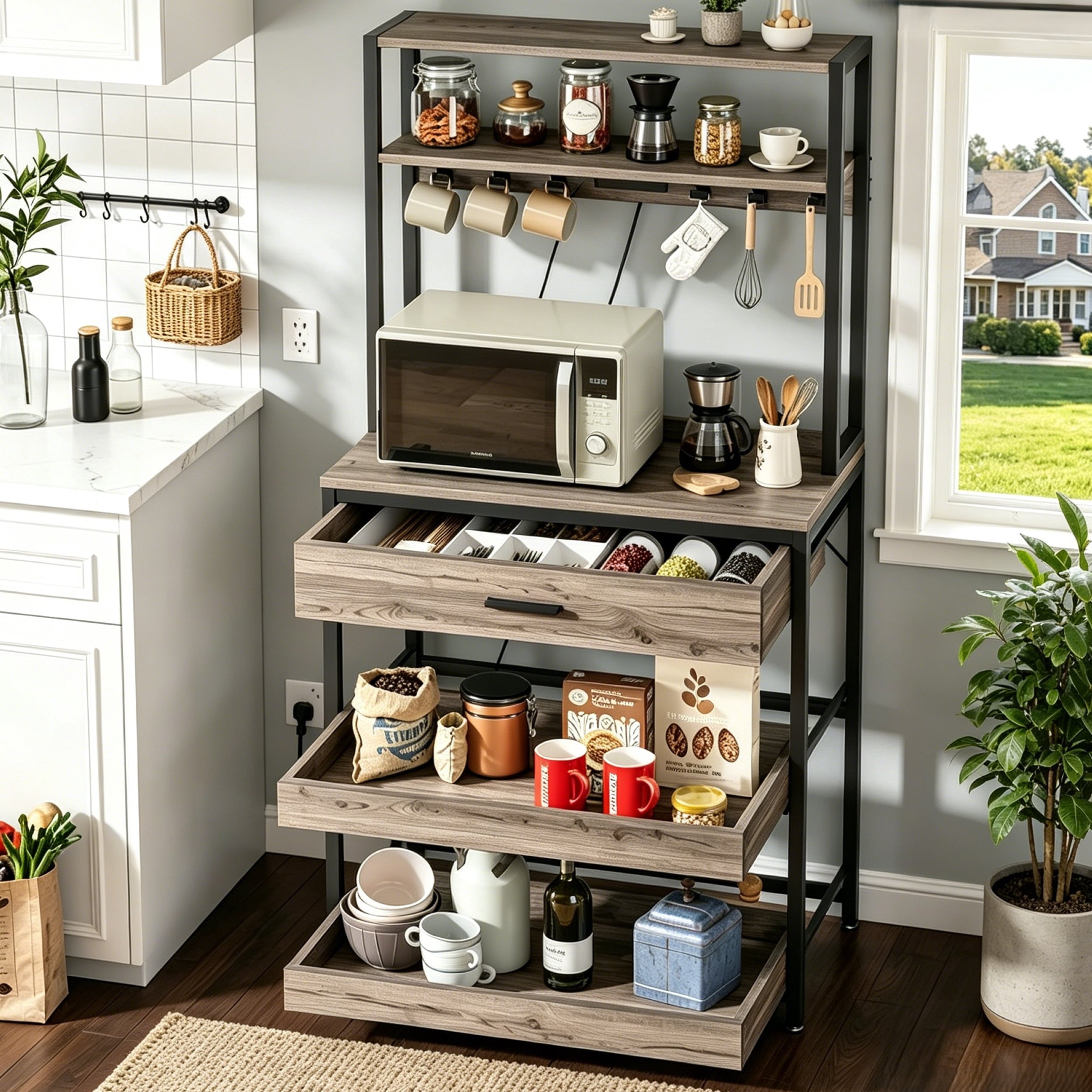 Fnova 5-Tier Baker Rack with Charging Station, 65-InchH Kitchen Storage Shelf, Microwave Oven Stand with Drawer & Sliding Shelves, Coffee Bar Table with 6 Hooks, Gray,WM010511_G_US