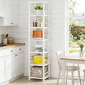 Fnova 75" 6-Tier Corner Bookshelf, Tall Narrow Rustic Wood Open Storage Rack, Square Bookcase Display Stand for Small Spaces in Living Room, Bathroom,White