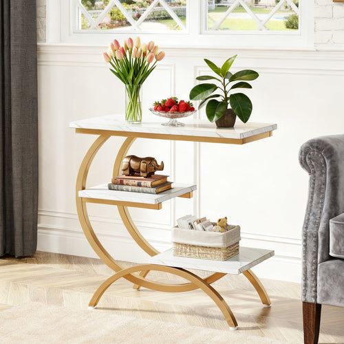 Fnova 3-Tier C-Shaped End Table, Modern Industrial Wooden Side Table with Metal Frame, for Living Room, Bedroom, Entryway,White