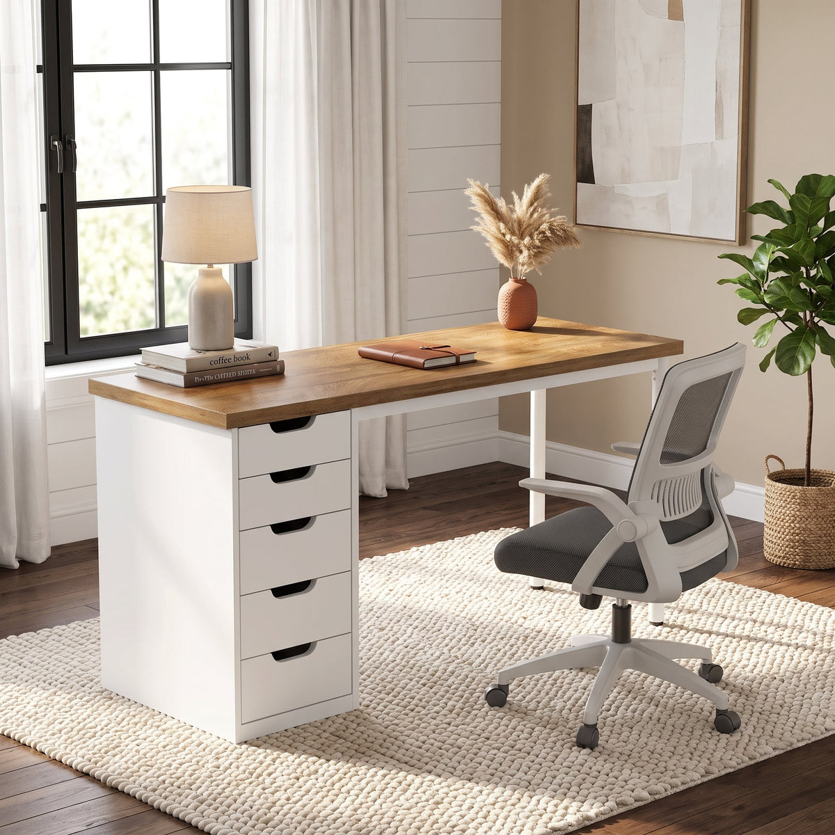 Fnova 47.24-Inch Computer Desk with 5 Drawers, Reversible File Cabinet, Writing Workstation for Home Office Bedroom Study Makeup Vanity Desk Furniture,WM010404C_LBN_Desk