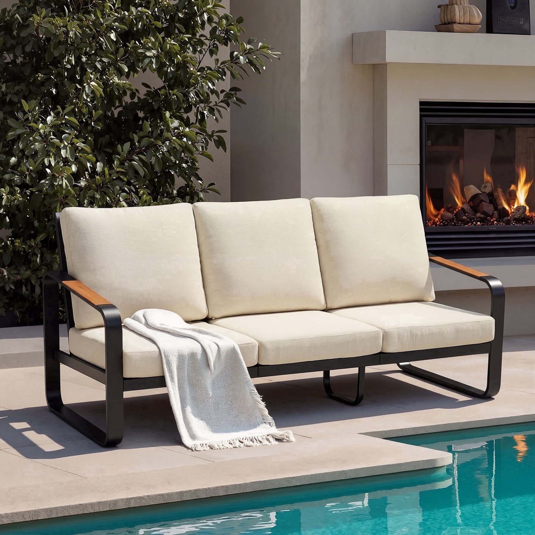 Fnova 3-Person Outdoor Sofa, Heavy Duty Metal Patio Couch with Thick Cushions, Weather-Resistant Outdoor Seating Furniture for Patio, Backyard, Porch and Garden,White-Three-seater chair