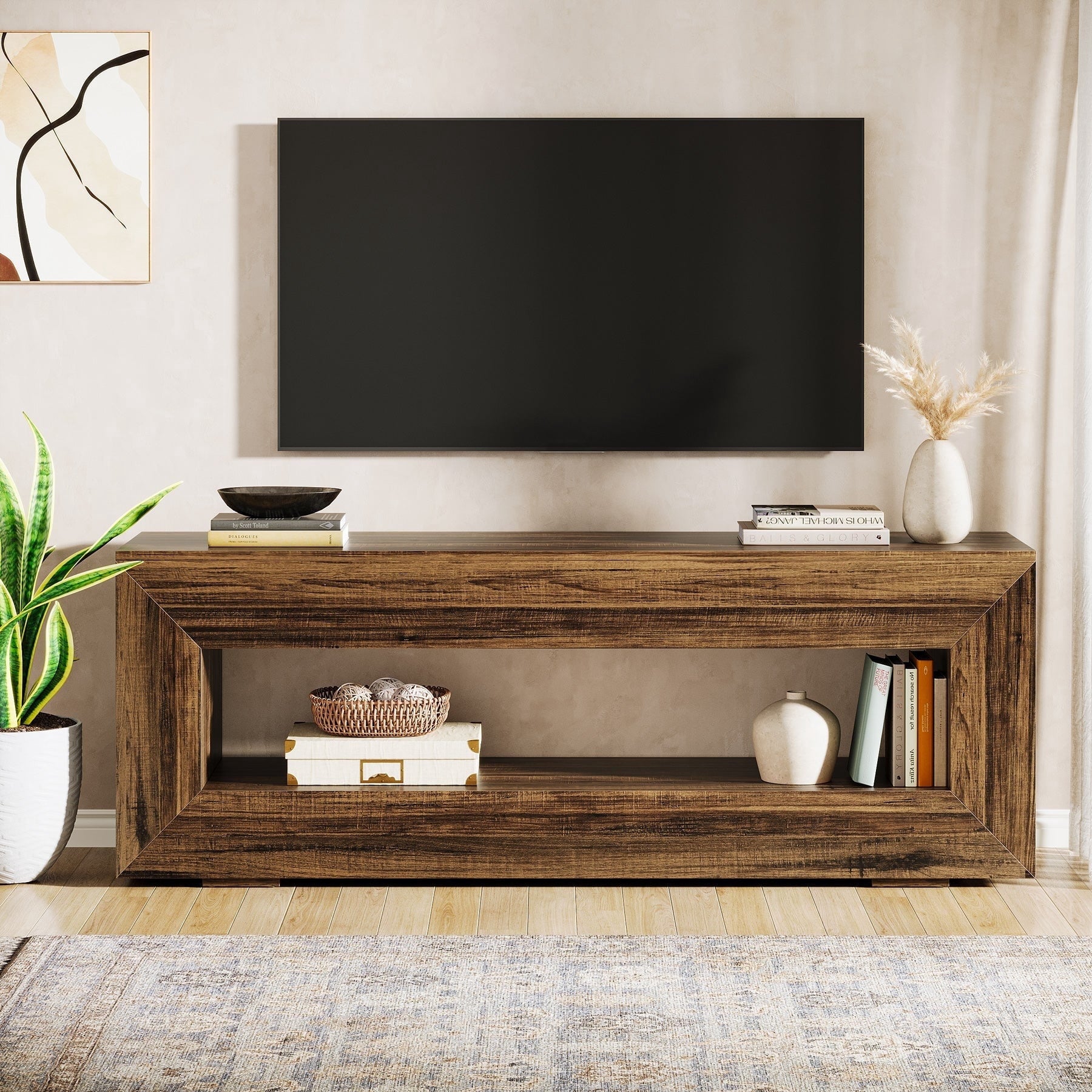 Fnova 63-Inch Modern TV Stand, Wooden Farmhouse Console Table, Narrow Entryway Sofa Table for Behind Couch, Living Room, Hallway, Bedroom,WM011321_BN_Cabinet