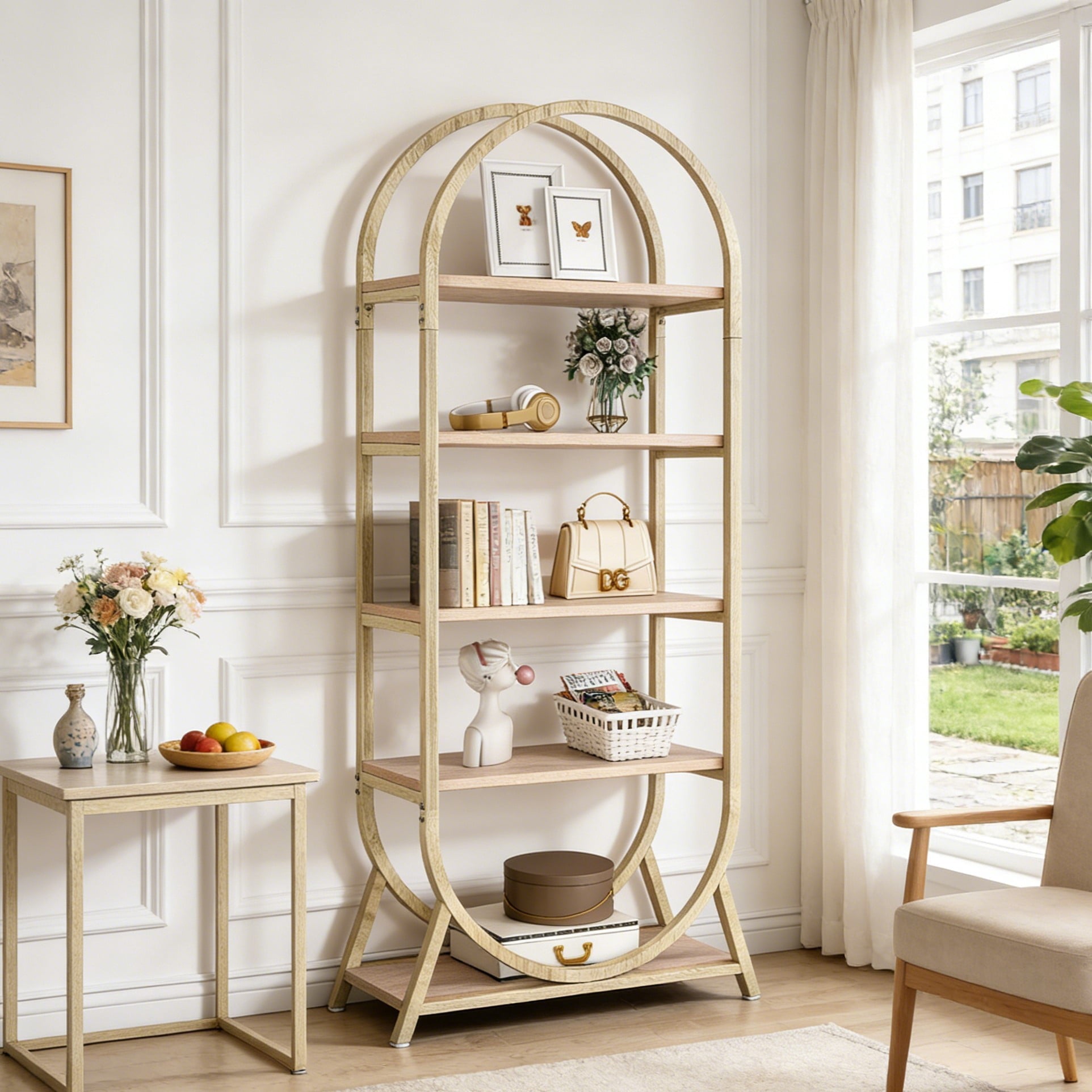 Fnova 71" Storage Shelf with 5 Shelves, Standing Display Rack, Tall Arched Bookcase Bookshelf, for Study, Office, Living Room, Bedroom, Kitchen, Light Brown,Light Brown