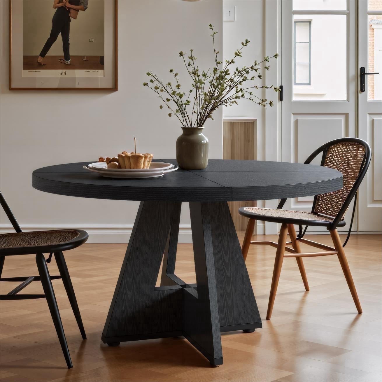 Fnova 47" Coffee Table, Round Dining Table for 4 People, Modern Farmhouse Wooden Kitchen Table, Living Room, Black (Chairs Not Included),Black