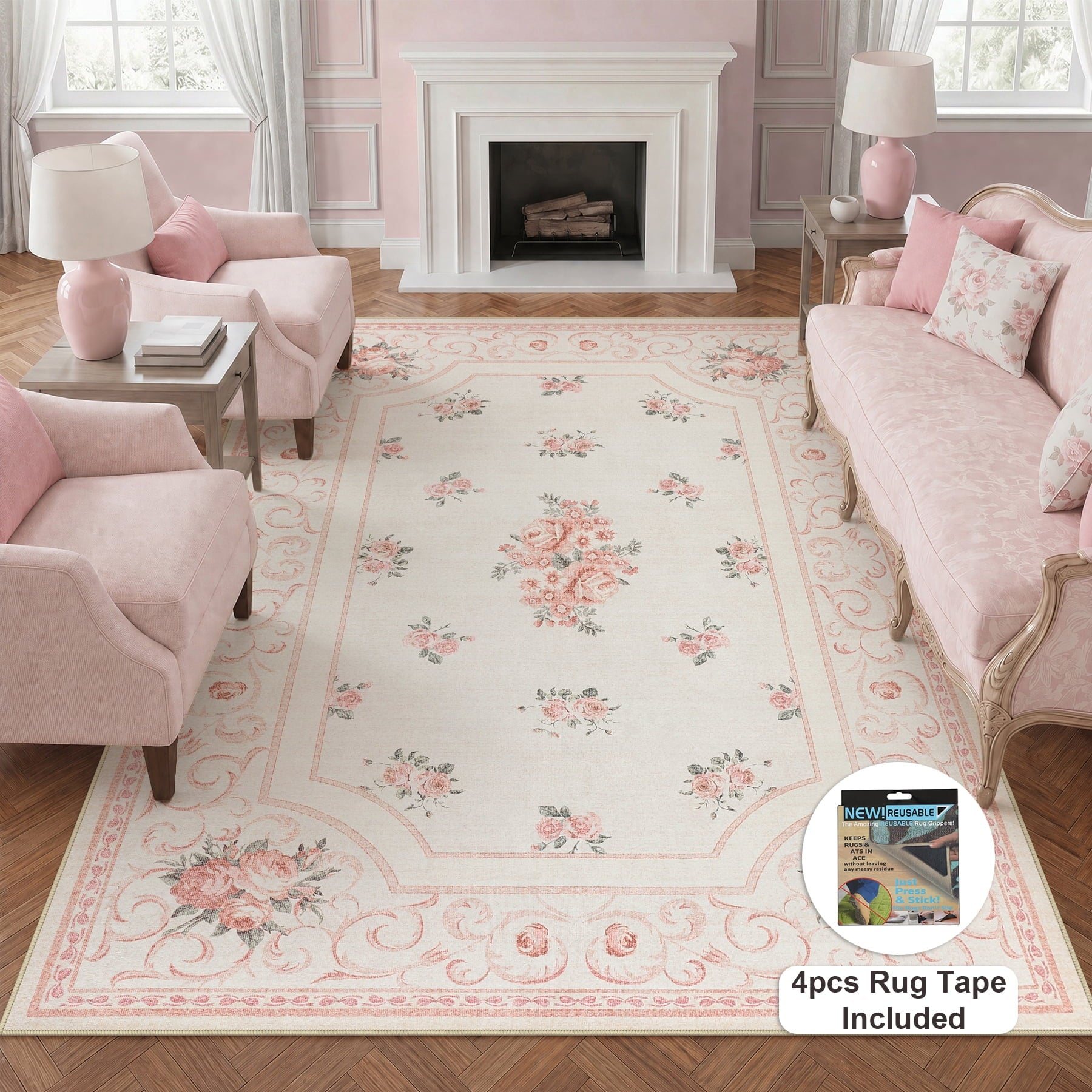 Fnova Boho Floral Pink 8 x 10 Area Rug for Girls Bedroom, Soft Washable Nursery Living Room Rugs, Border Large Non-Slip Low Pile Carpet for Dorm Kids Dining Playroom, Oeko-Tex Certified
