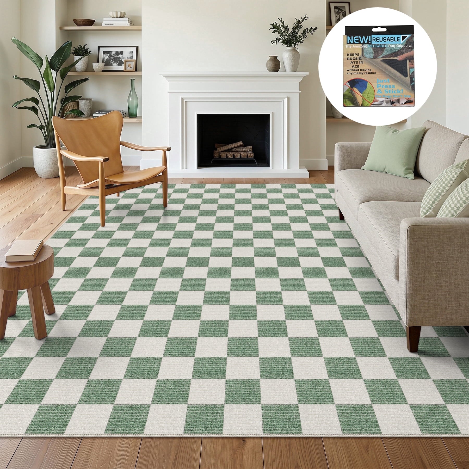Fnova Checkered Area Rug, 8' x 10' Machine Washable Non Slip Rug for Living Room Bedroom Kitchen, Kid and Pet Friendly Low Pile Indoor Carpet,Green & Beige,8' x 10'