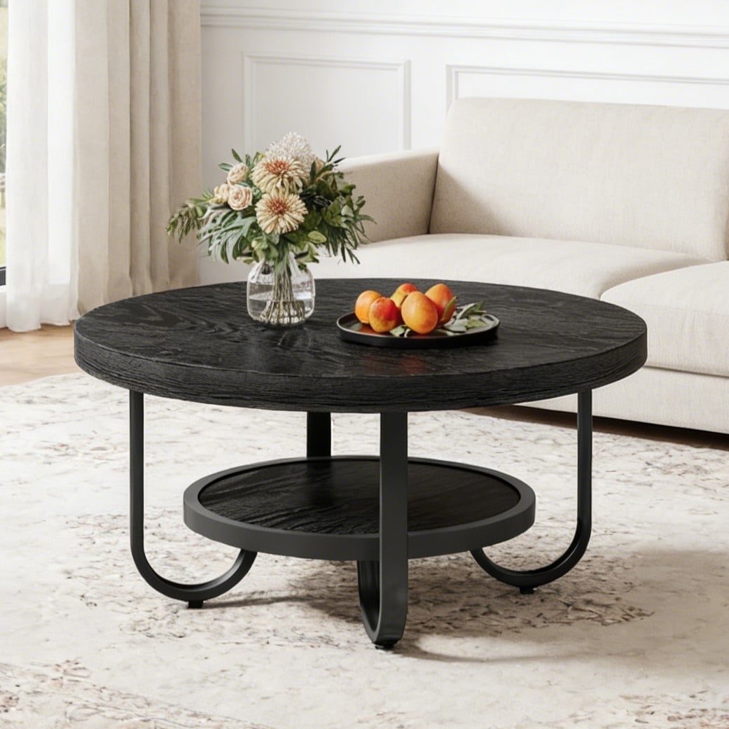 Fnova Coffee Table with 2-Tier Storage, 31-Inch Round Wood Coffee Table with Metal Legs, Modern Rustic Style Center Table for Living Room,WM010201M_B_US