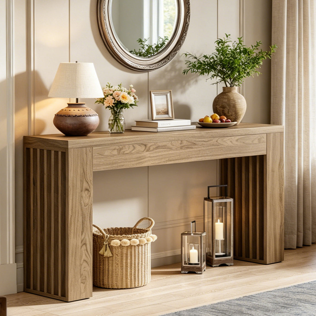 Fnova 59-Inch Console Table, Modern Wooden Farmhouse Entryway Table, Long Narrow Sofa Table with Vertical Slat Legs, Easy Assembly for Entrance, Hallway, Living Room,WM010349_BN_US