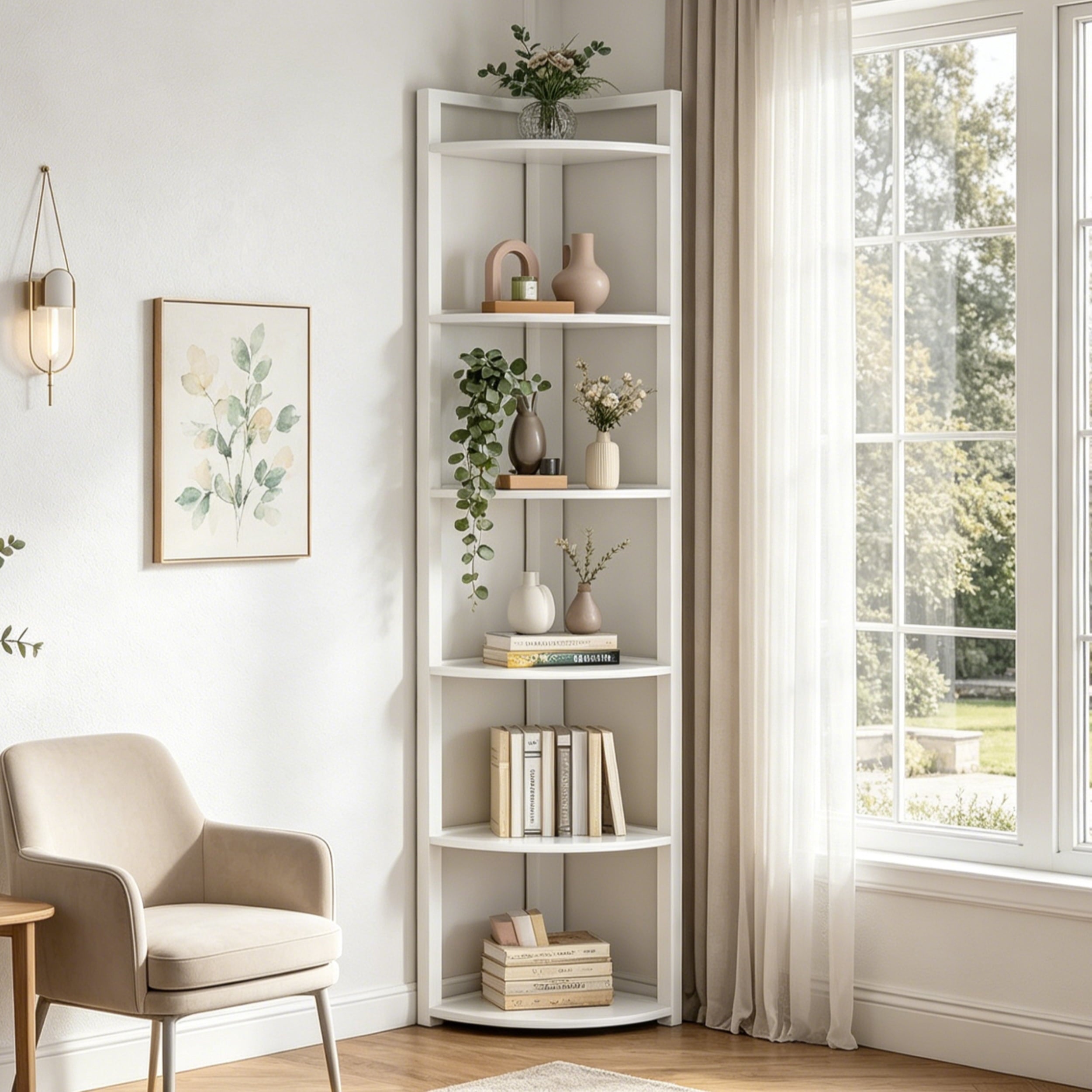 Fnova 70.9" 6-Tier Corner Shelf, Rustic Corner Bookshelf, Compact Storage Rack for Living Room, Home Office, Kitchen,White