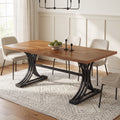 Fnova 63" Modern Dining Table, Rectangular Wooden Top Kitchen Table, Stylish Metal Trestle Legs, Seats 4 to 6 for Dining Room & Kitchen, Living Room,Dark Brown and Black