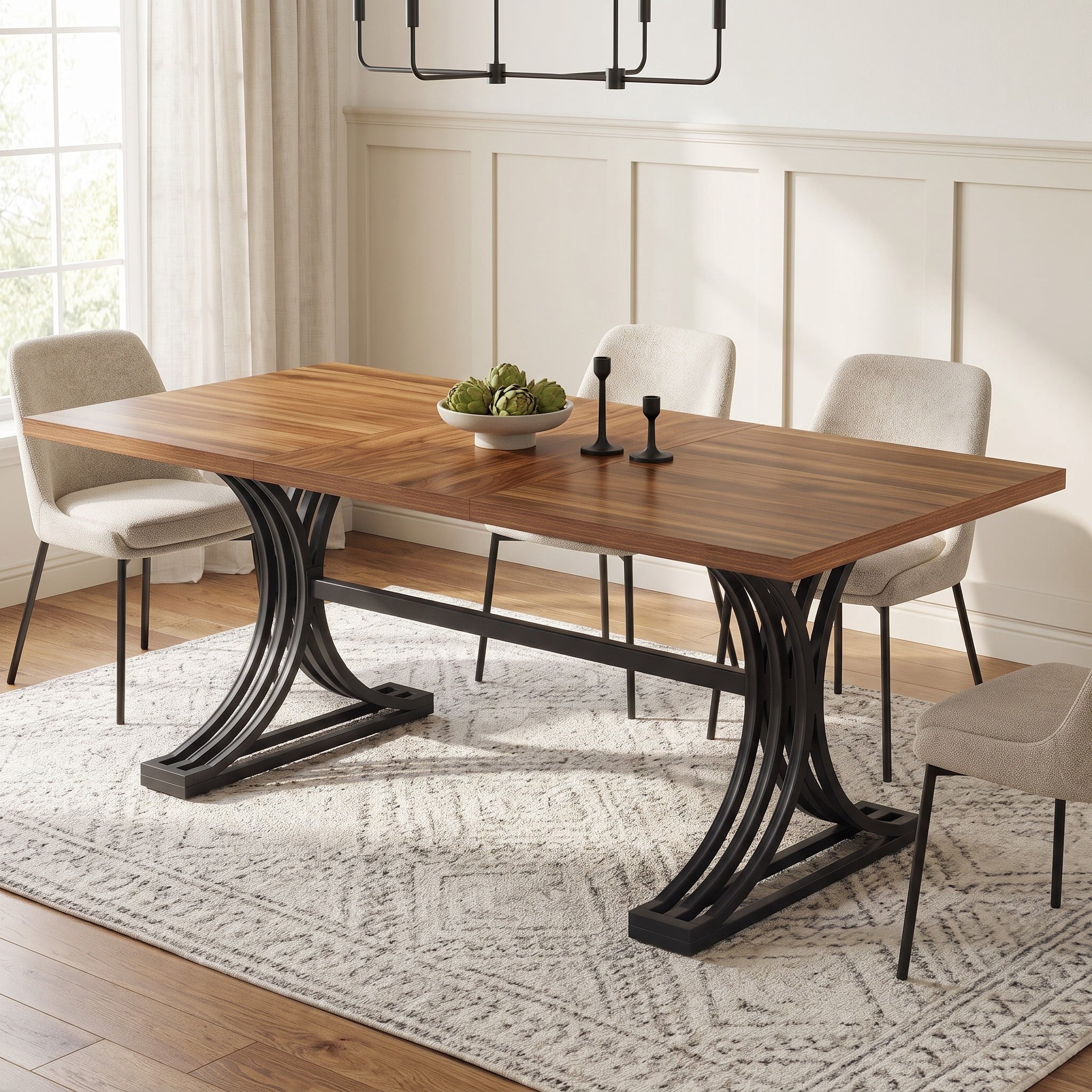 Fnova 63" Modern Dining Table, Rectangular Wooden Top Kitchen Table, Stylish Metal Trestle Legs, Seats 4 to 6 for Dining Room & Kitchen, Living Room,Dark Brown and Black
