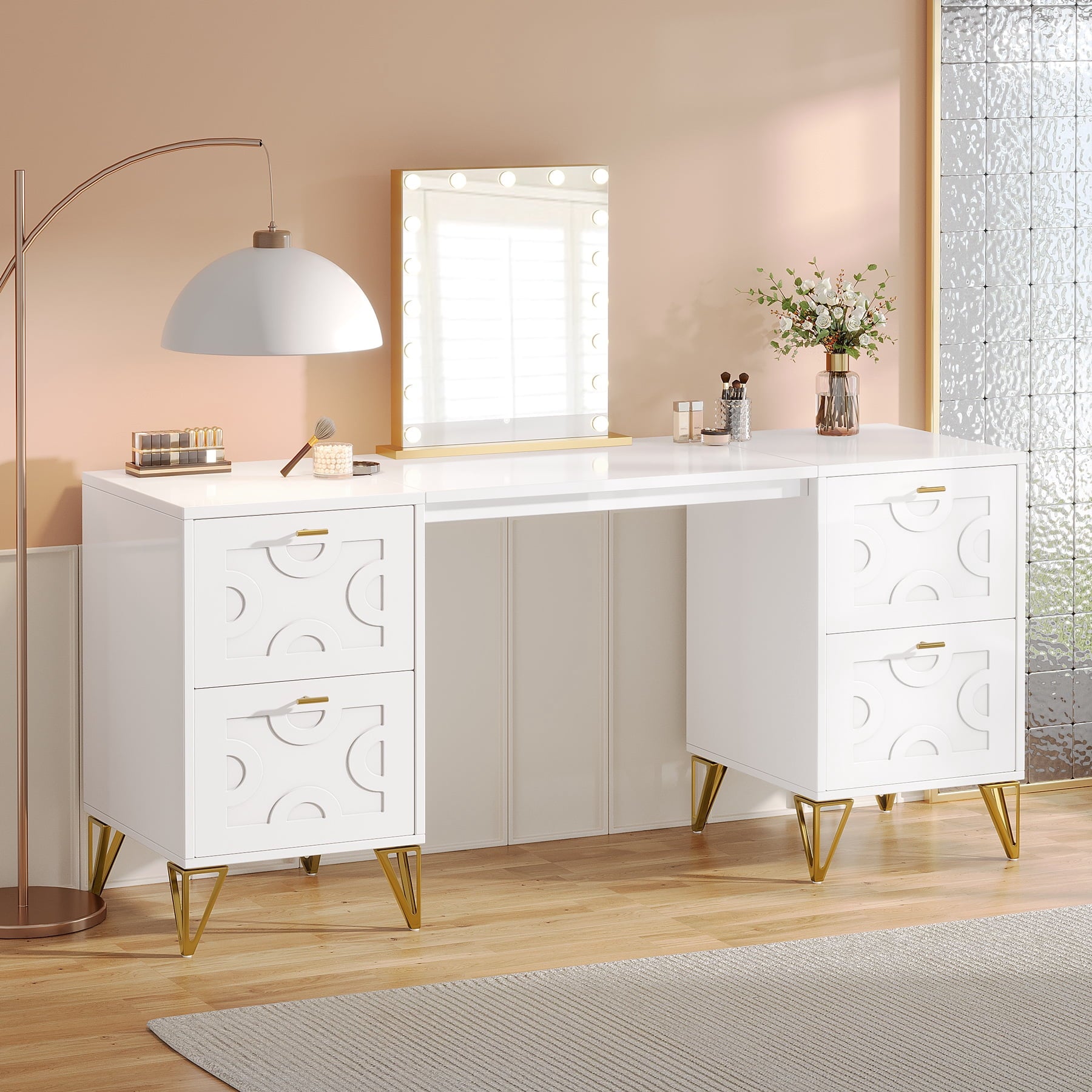 Fnova 59" Modern Makeup Vanity Desk with 4 Drawers, Dressing Table with Storage & Gold Legs, Beauty Table for Bedroom/Home Office, No Mirror,White