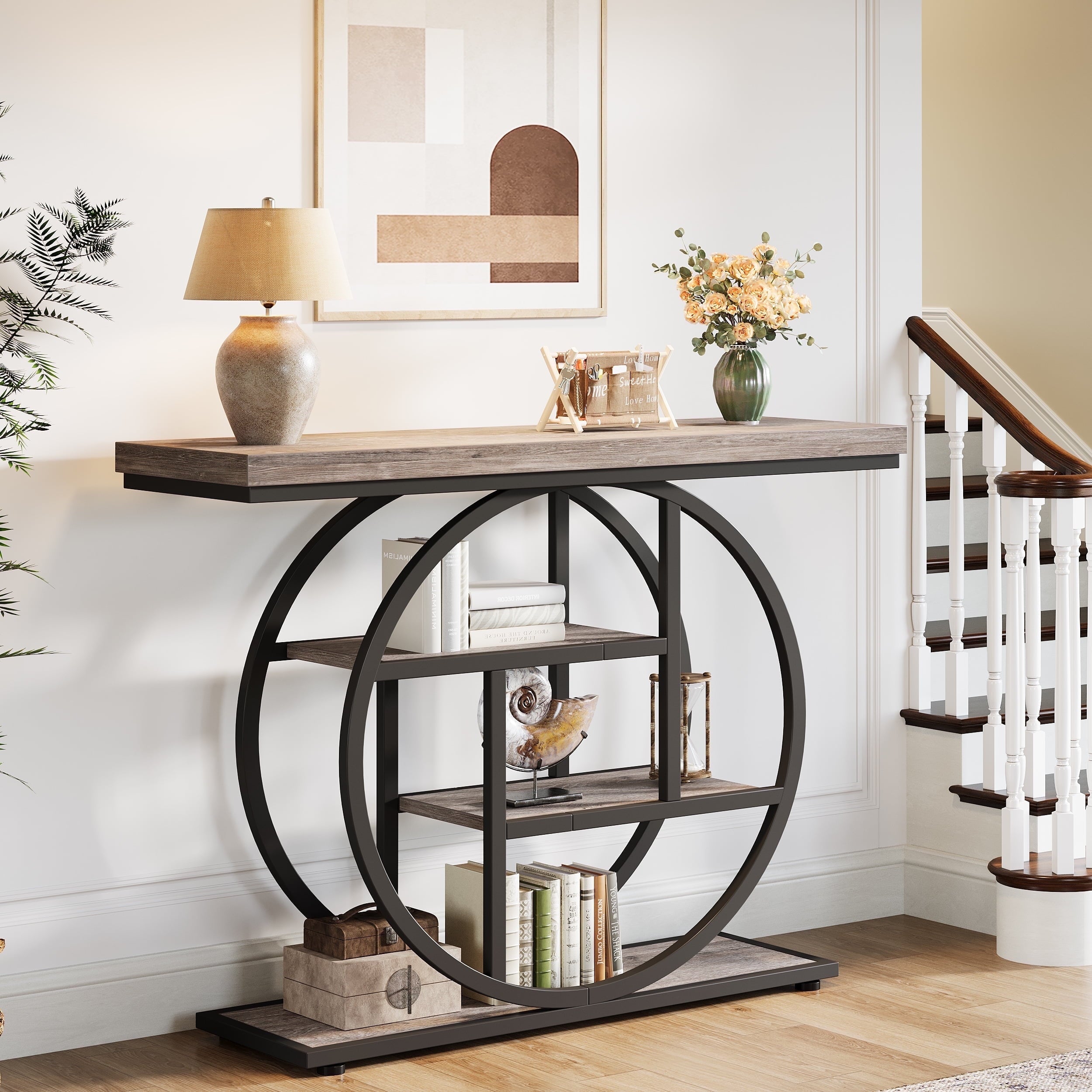 Fnova Console Table, Entryway Table with 4-Tier Storage Shelves, 42" Wood Modern Narrow Long Side Table, , Sofa Table, Accent Table for Living Room, Entryway, Hallway, Gray and Black,Gray and Black