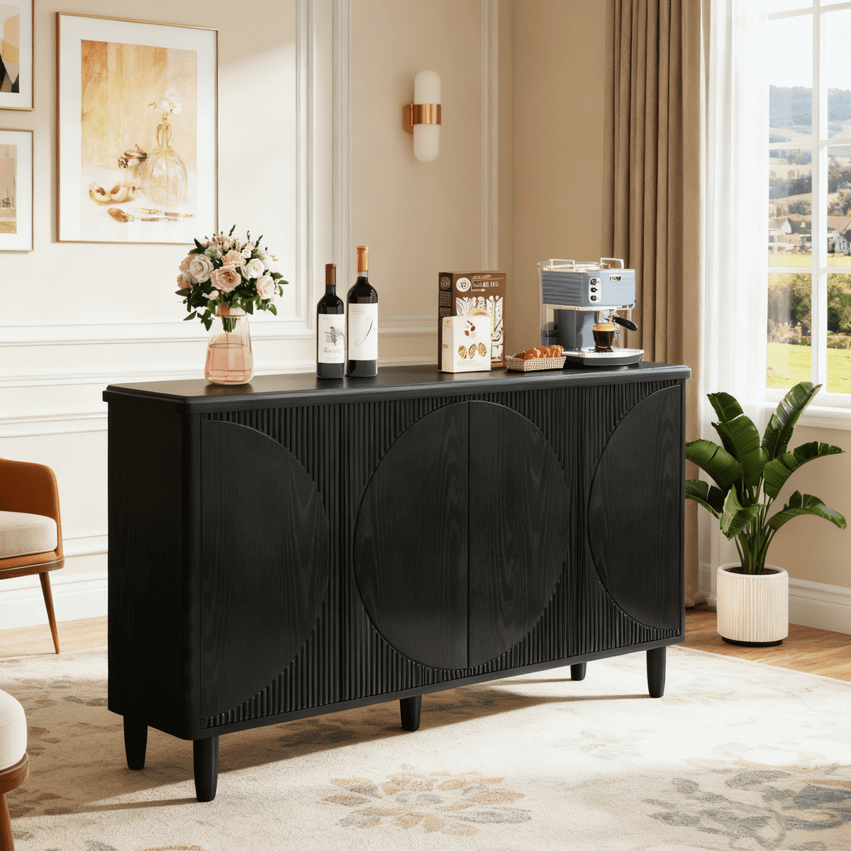 Fnova Modern Cabinet with 2-Tier Storage Shelves, 59.44-Inch Sideboard with 4 Doors, Push Pop-up Door, for Kitchen, Dining Room, Living Room, Easy Assembly,WM011326_B_Cabinet