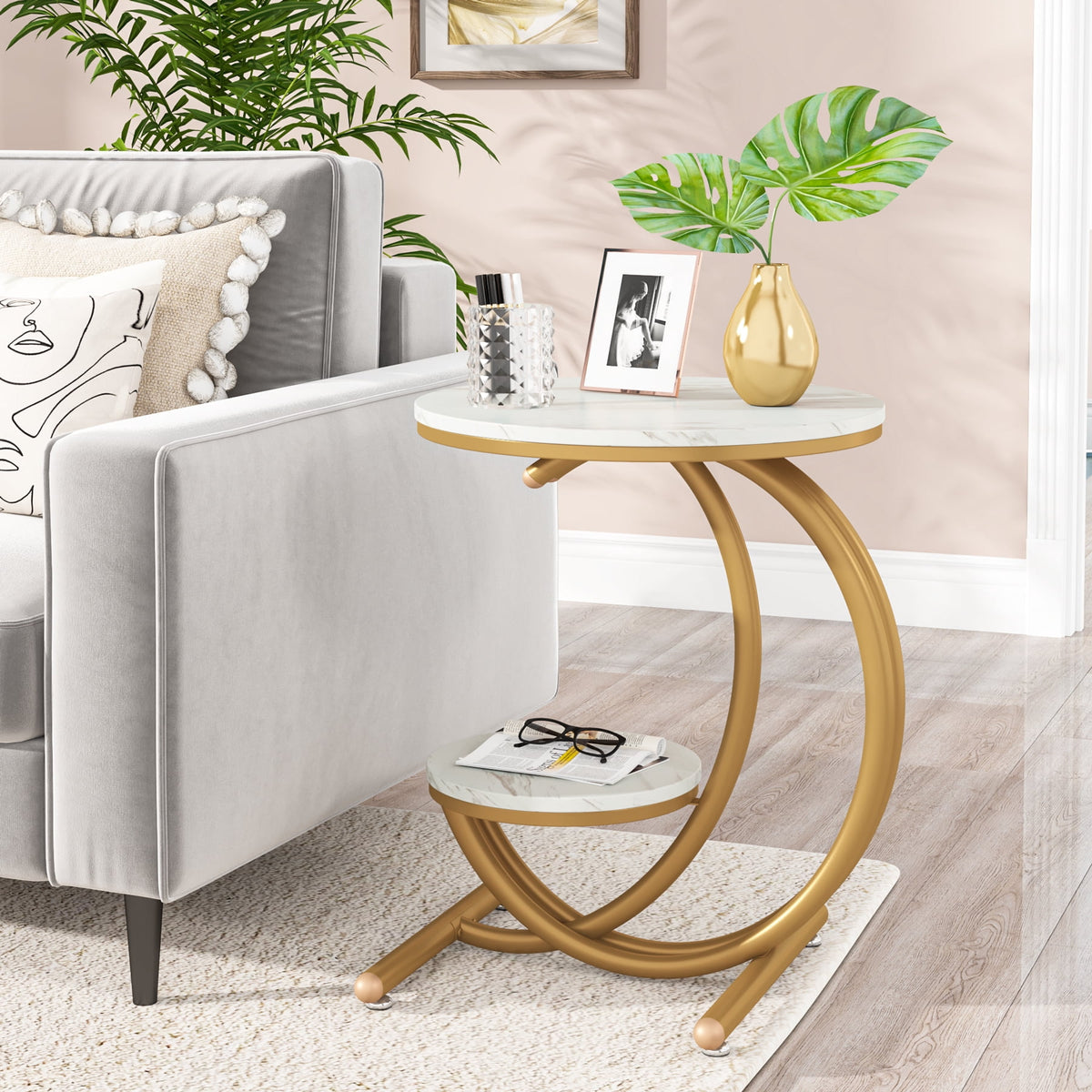 Fnova Industrial C - Shaped Side Table, 19.68-Inch End Table with Storage Shelf, Geometric Shapes, Metal Frame for Study, Kitchen, Dining Room, Living Room, Easy Assembly,WM010122_W_Tables