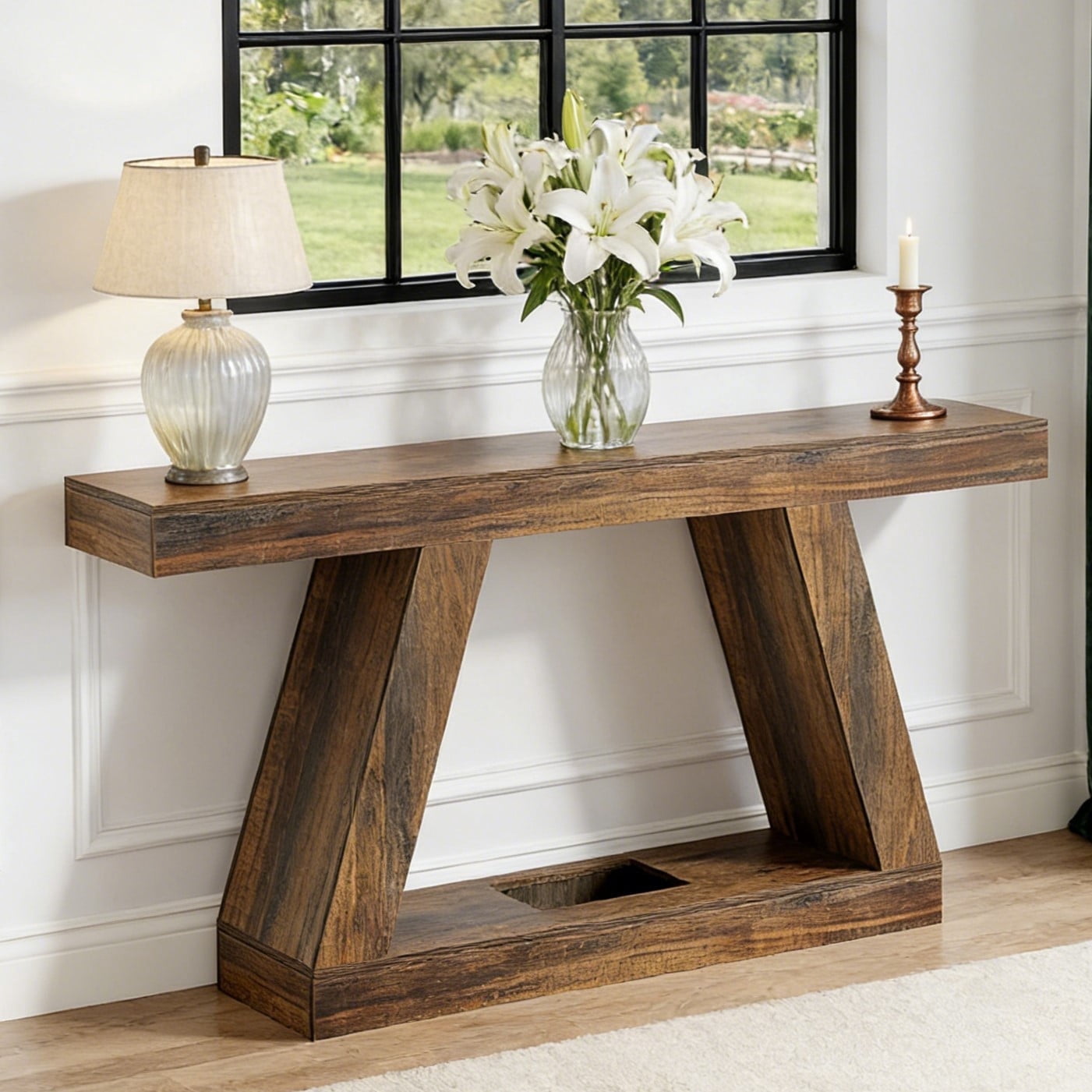 Fnova 55" Farmhouse Console Table, 2-Tier Storage Sofa Table, Long Wood Entryway Table for Hallway, Living Room, Easy Assembly,Brown