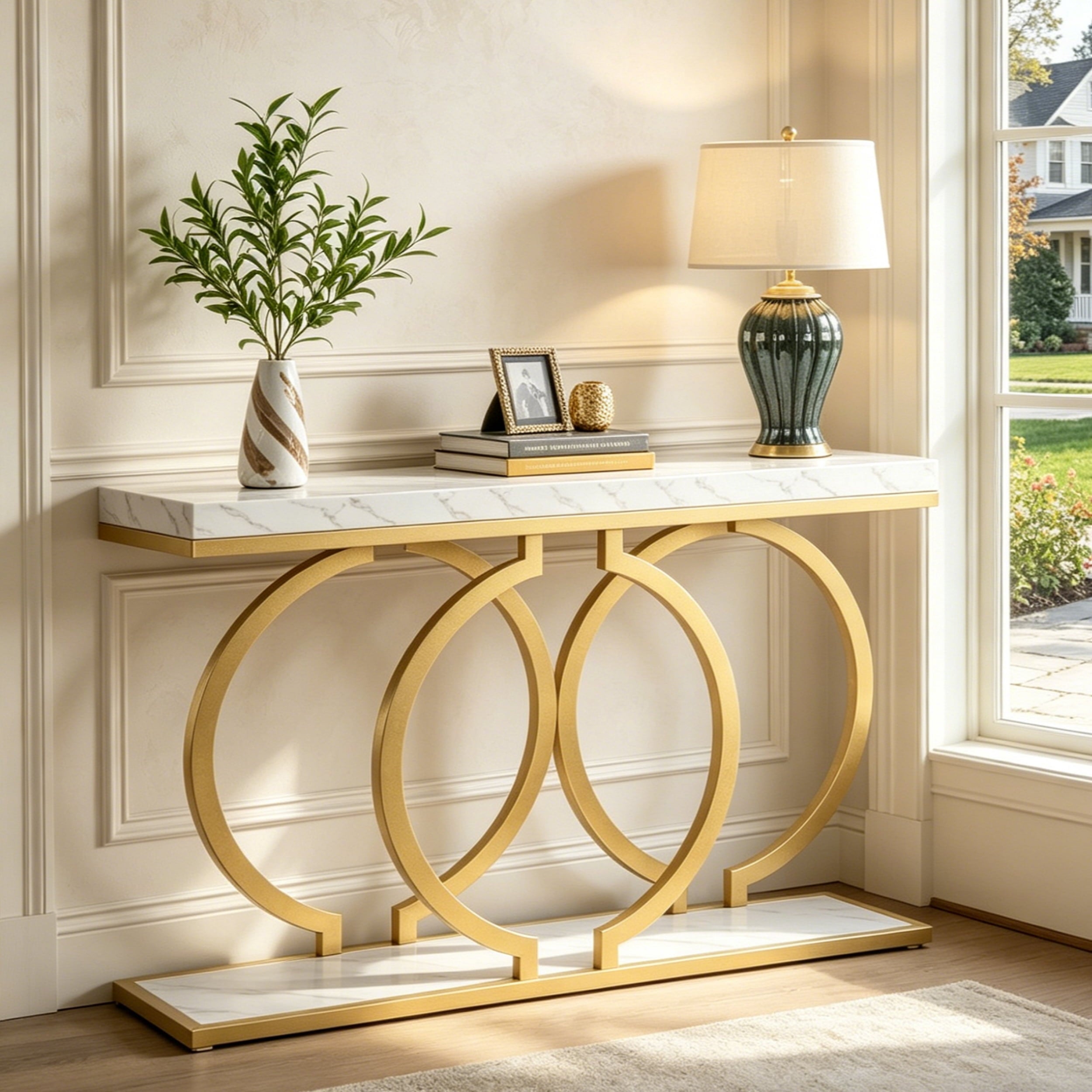 Fnova 55" Console Table, Modern Entryway Table with Geometric Metal Frame, Faux Marble Narrow Long Sofa Table for Living Room, Entrance, Hallway,White Gold