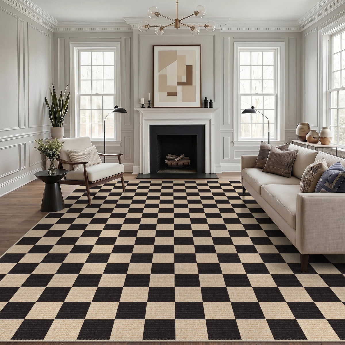 Fnova Checkered Area Rug, 9-Ft x 12-Ft Machine Washable Non Slip Rug for Living Room Bedroom Kitchen, Low Pile Indoor Carpet,WM011602_BK9_US