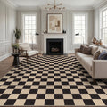 Fnova Checkered Area Rug, 9' x 12' Machine Washable Non Slip Rug for Living Room Bedroom Kitchen, Kid and Pet Friendly Low Pile Indoor Carpet,Black & Beige,9' x 12'