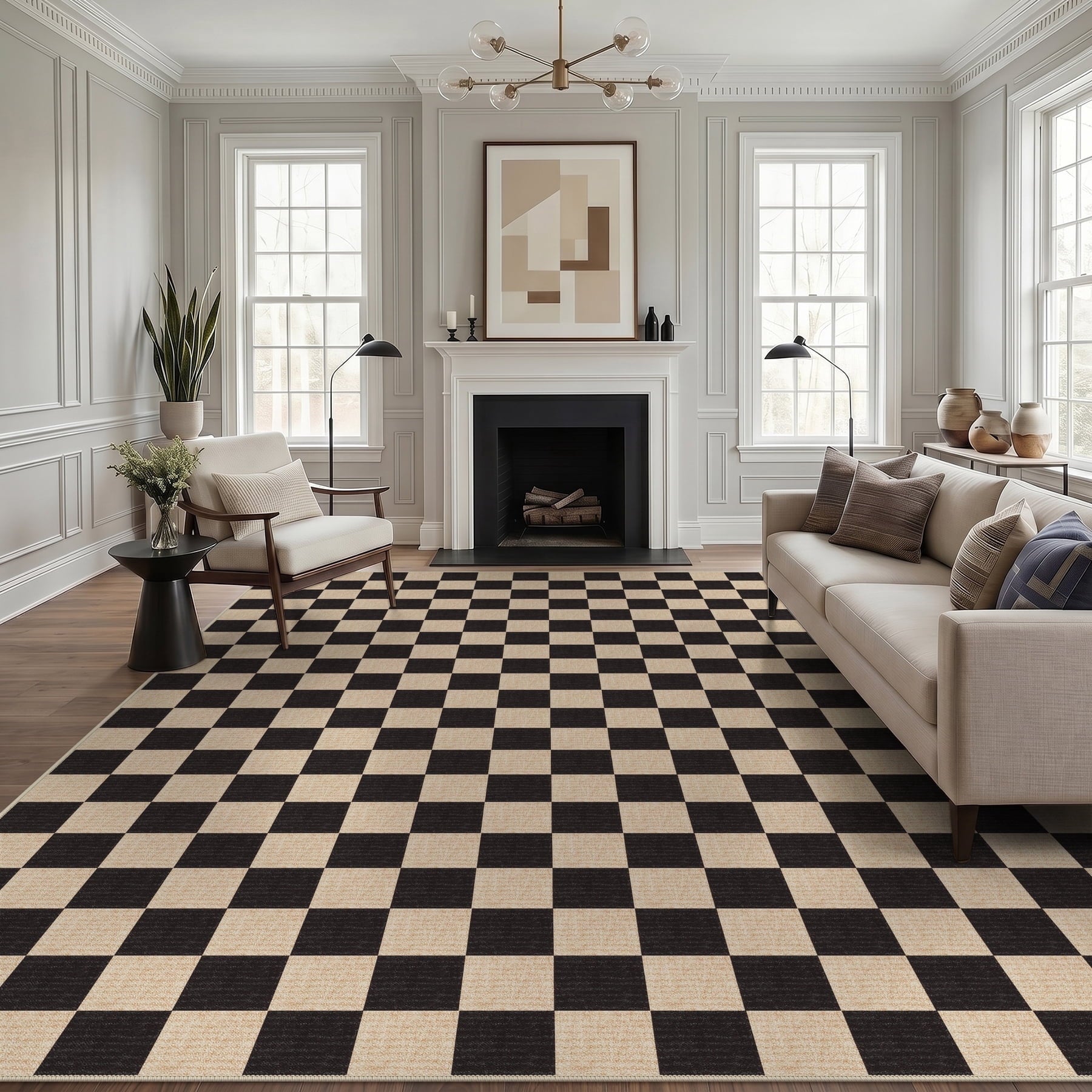 Fnova Checkered Area Rug, 9' x 12' Machine Washable Non Slip Rug for Living Room Bedroom Kitchen, Kid and Pet Friendly Low Pile Indoor Carpet,Black & Beige,9' x 12'