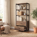 Fnova Rustic Industrial Storage Shelf Unit, with Drawers 4-Tier Open Closed Bookcase Cabinet for Living Room Bedroom Home Office,WM010566_BNB_US
