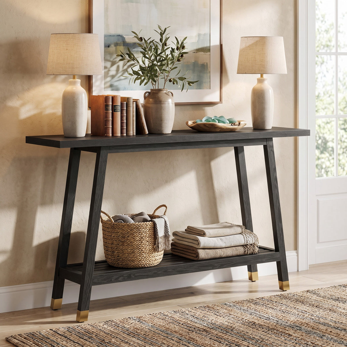 Fnova 41.3 Inch Solid Wood Console Table, 2-Tier Farmhouse Sofa Table with Storage Shelf, Narrow Behind Couch Accent Table for Living Room, Entryway, Hallway,WM010986_B_US