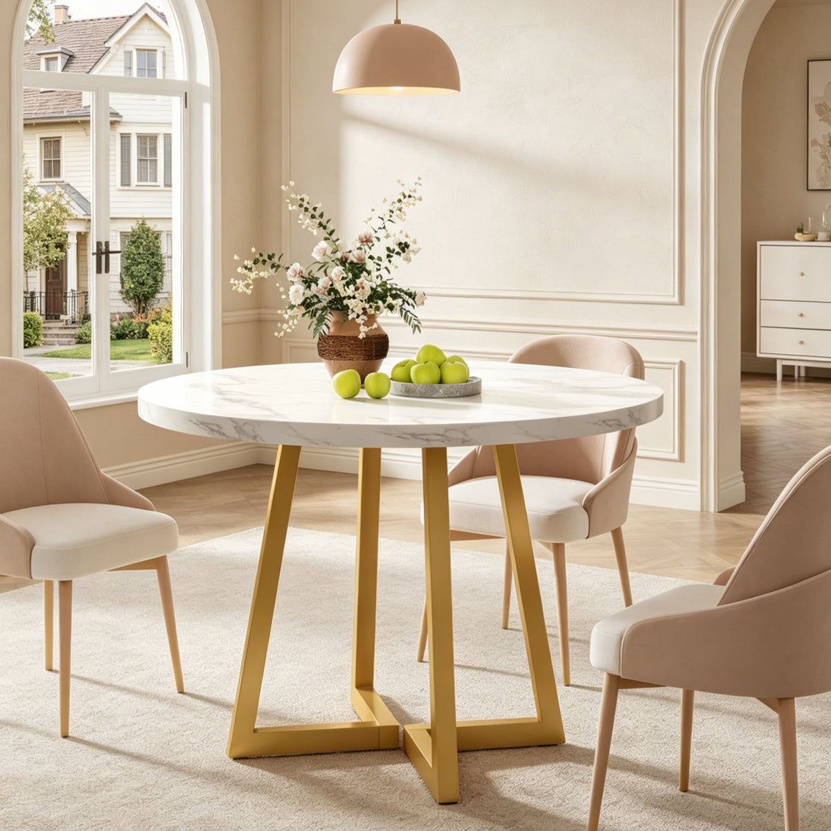 Fnova Round Dining Table for 4 People, Modern Kitchen Table with Sturdy Metal Frame, Small Space Circular Dinner Table for Living Room, Apartment, and Breakfast Nook,WM010201C_WG_US