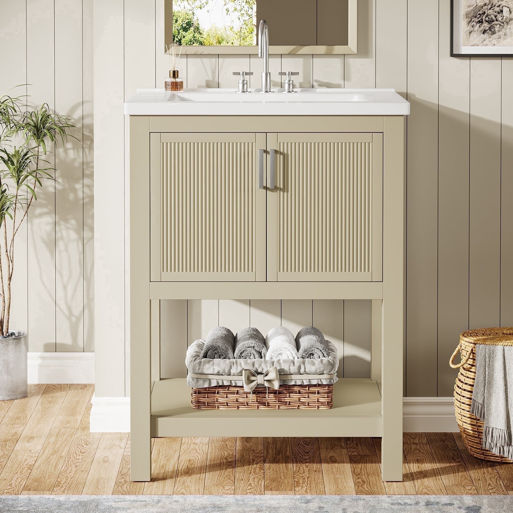 Fnova 24" Bathroom Vanity with Sink, Modern Bathroom Sink Cabinet with Ceramic Basin for Small Space, Freestanding Storage Cabinet with 2 Doors & 1 Open Shelf, Light Beige,Light Beige