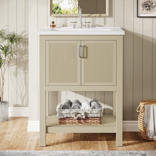 Fnova 24" Bathroom Vanity with Sink, Modern Bathroom Sink Cabinet with Ceramic Basin for Small Space, Freestanding Storage Cabinet with 2 Doors & 1 Open Shelf, Light Beige,Light Beige