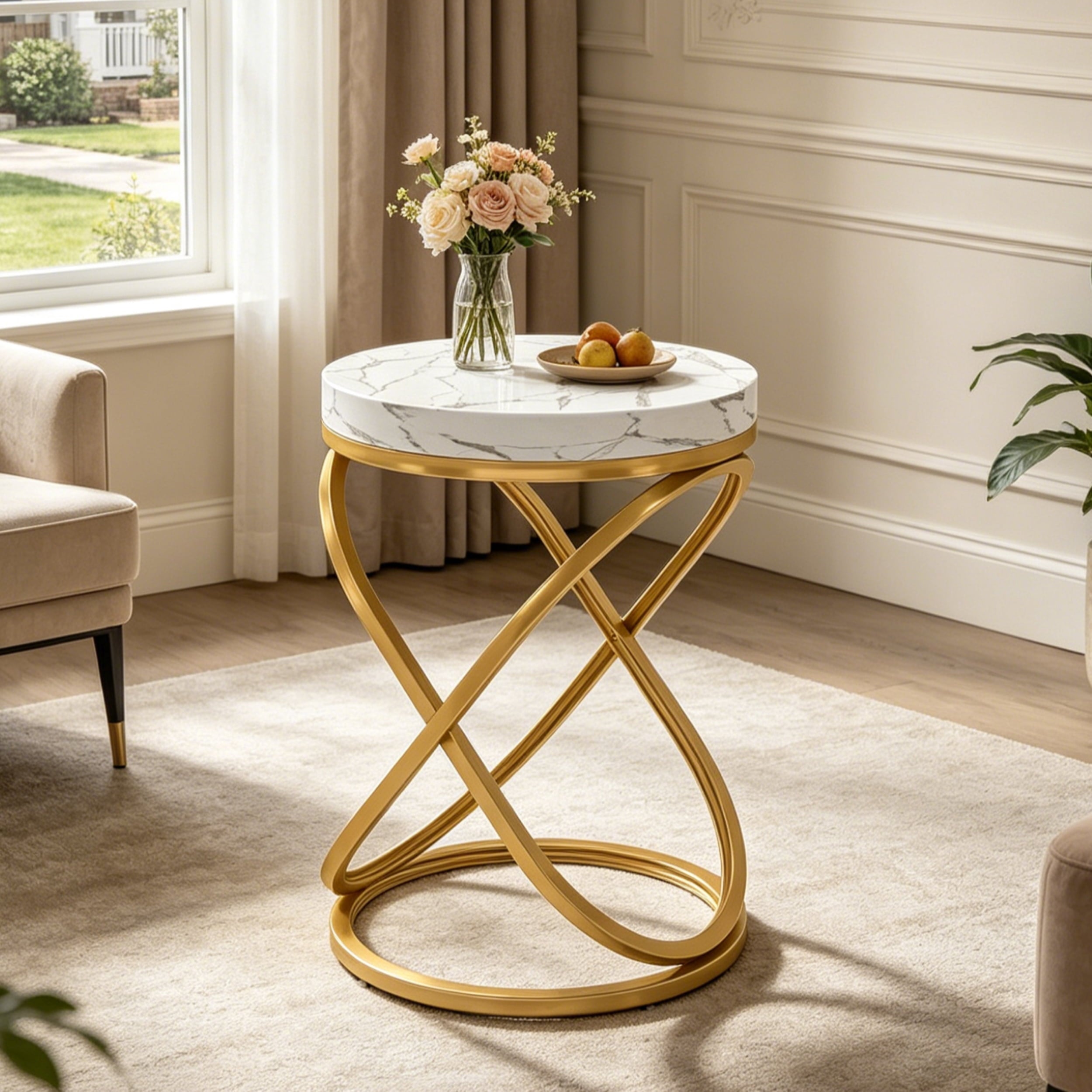 Fnova White Faux Marble Round End Table, Gold Metal Frame, Mid-Century Modern Accent Table, Sofa Side Table Nightstand for Living Room, Bedroom, Small Spaces, Apartment, Office,0