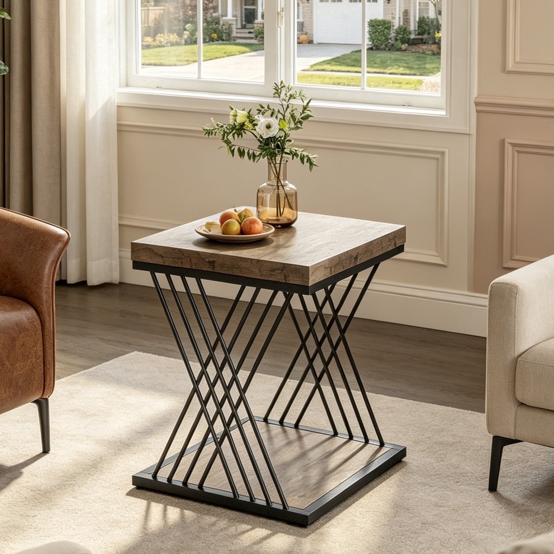 Fnova Modern Square End Table, 2-Tier Narrow Wood Side Table with Storage Shelf, Nightstand with Faux Marble Top and X-Shaped Metal Frame, Easy Assembly, for Living Room, Bedroom, Entryway,Gray Black