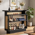 Fnova 47.24 Inch Home Bar Unit, Farmhouse Rattan Bar Cabinet with Wine Glass Holders, Multi-Tier Storage Sideboard, Freestanding Liquor Cabinet for Living Room Kitchen Dining Room,WM010902_B_US