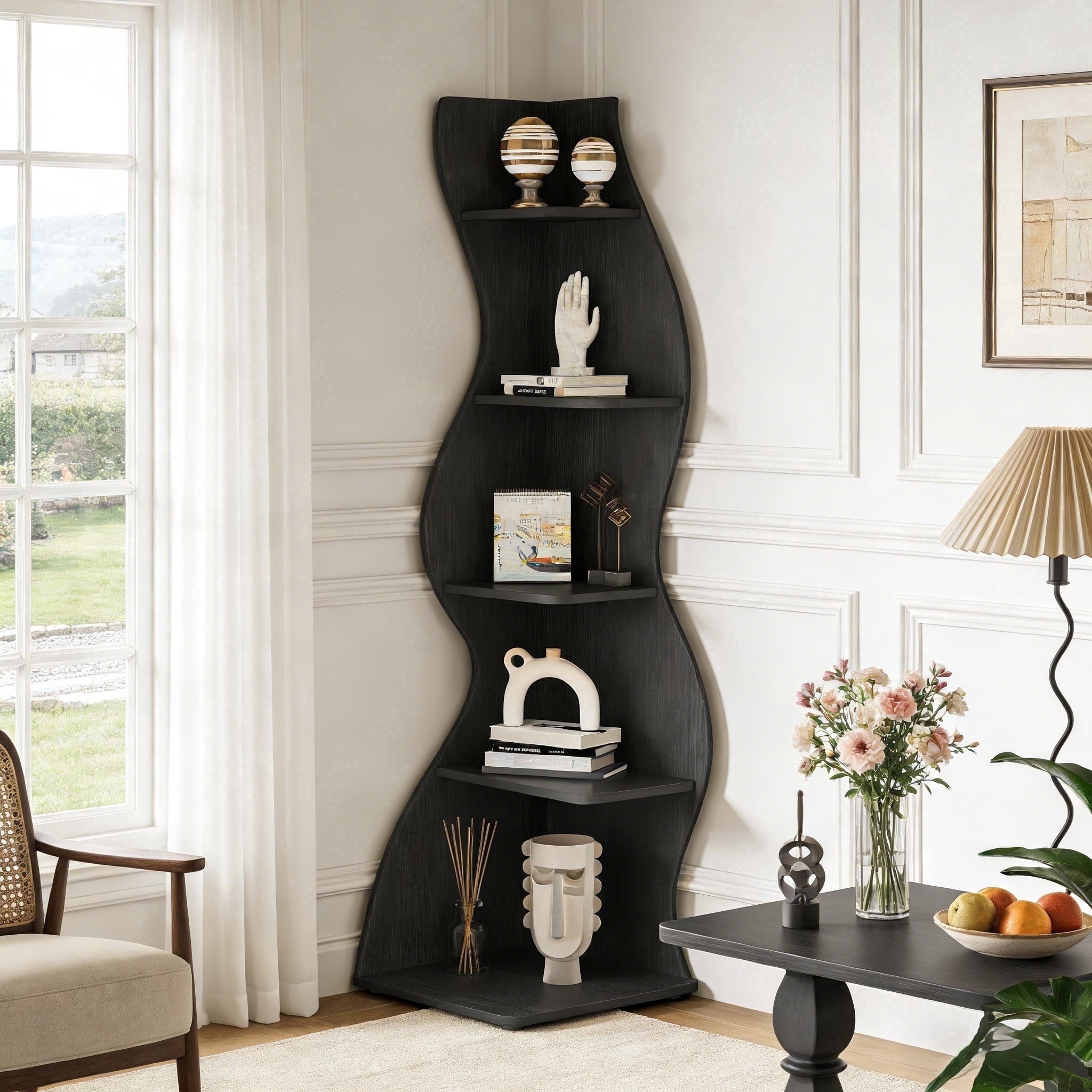 Fnova 70" 5-Tier Corner Shelving Unit, Modern Tall Storage Shelf Bookcase Plant Stand Organizer Unit for Home Office Living Room Bedroom, Black,Black