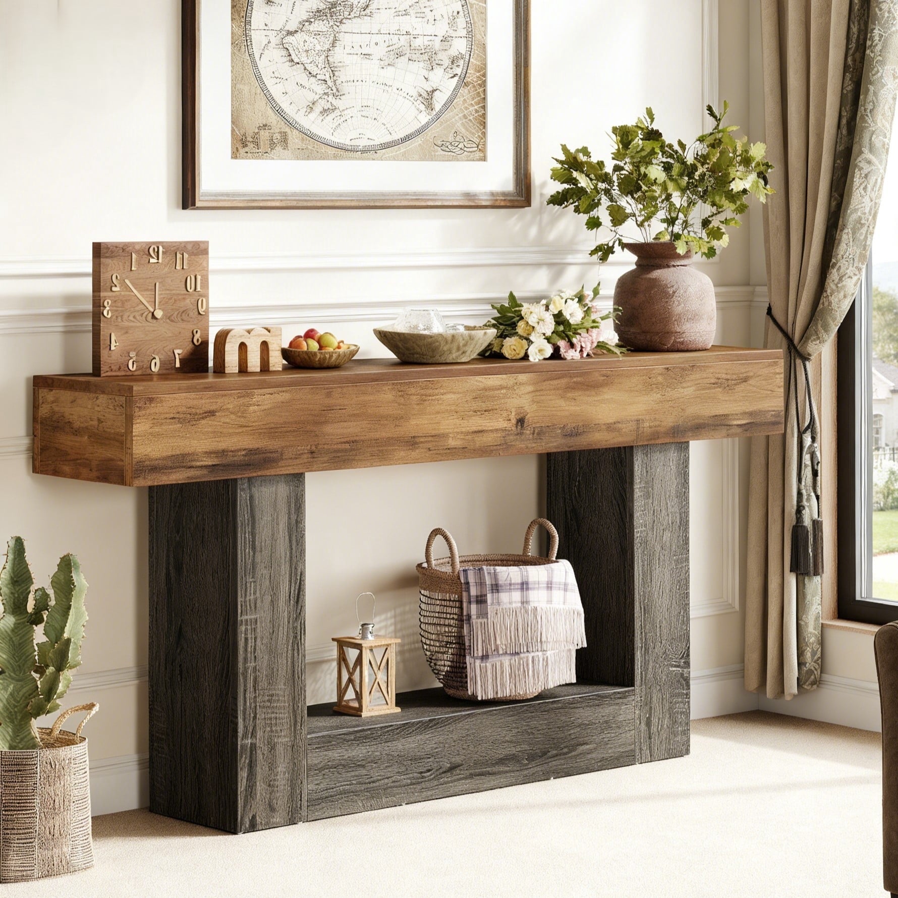 Fnova 63" Farmhouse Console Table, 2-Tier Wood Entryway/Sofa Table with Storage Shelf for Living Room, Hallway, Behind Couch,Brown Black