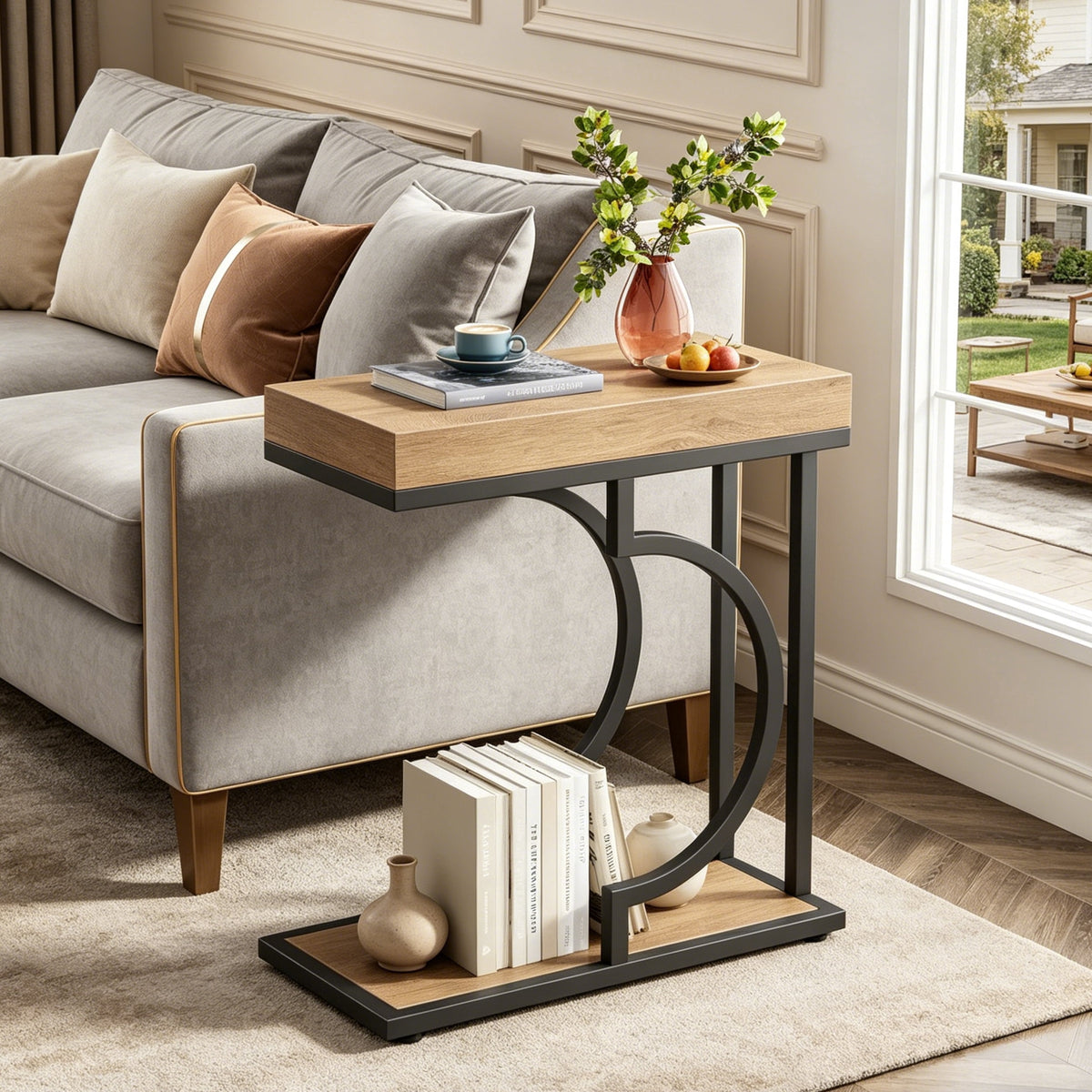Fnova Narrow Side Table, C-Shaped Modern End Table with Metal Frame, Small Sofa Side Table for Living Room, Bedside Table for Couch,WM010115_LBNB_US