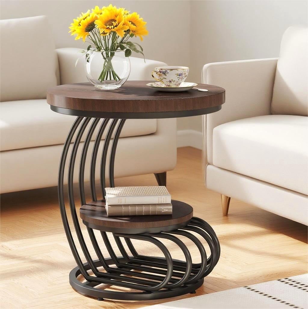Fnova End Table Modern Wood Narrow Farmhouse Side Tables with Storage Shelf for Living Room, Bedroom, Nightstand,Dark Brown