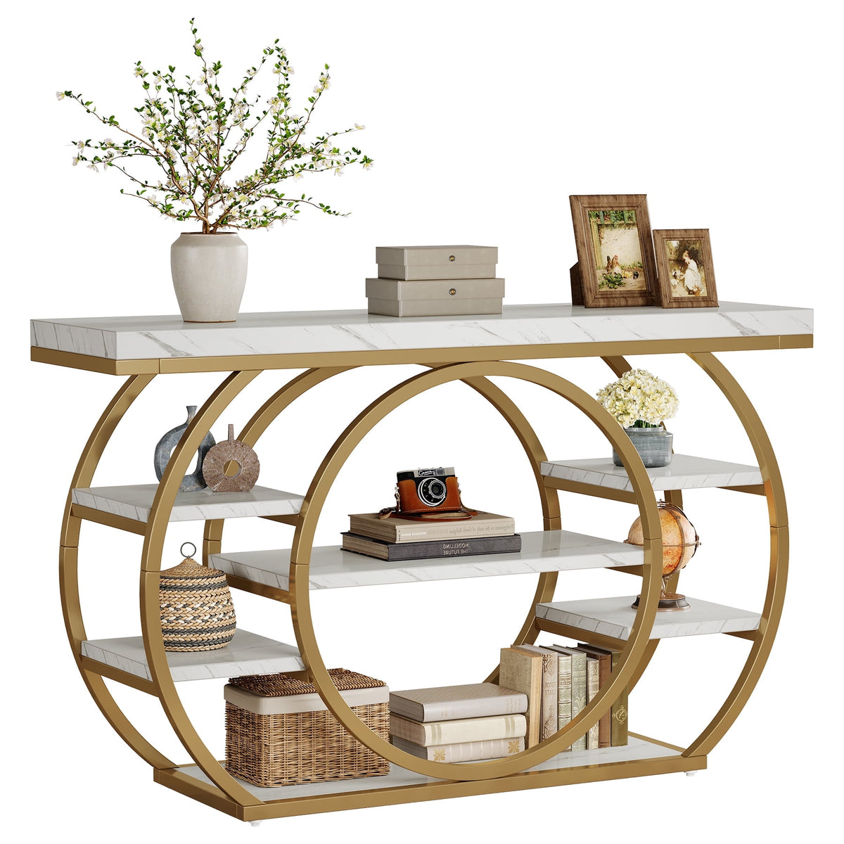 Fnova 47-Inch Industrial Console Table, 5-Tier Entryway Table with Circular Metal Frame, Narrow Sofa Table for Living Room, Hallway, Foyer,WM010914_WG_US