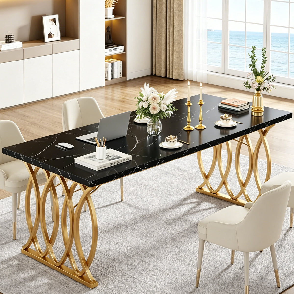 Fnova 63-Inch Modern Faux Marble Dining Table for 4-6 People, Rectangular Kitchen Table with Gold Metal Frame, Luxury Dinner Table for Dining Room, Living Room, Patio, Apartment, Cafe,WM010462_BG_US